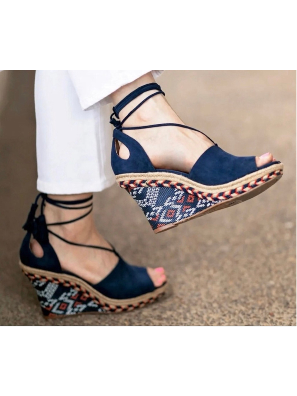 CAbi 6001 Isla blue suede ikat wedge sandals size 6